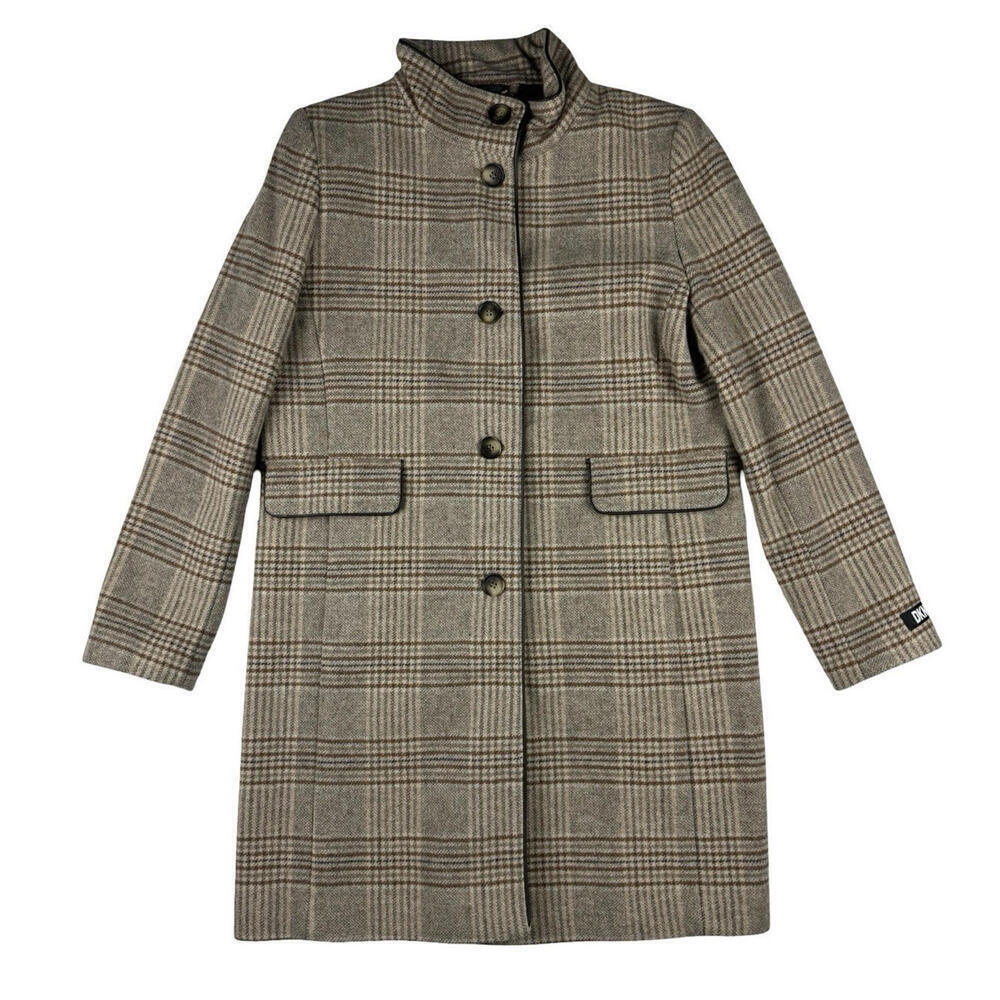 DKNY Elegant Stand Collar Outwear Wool Blend Coat Check Brown Size L